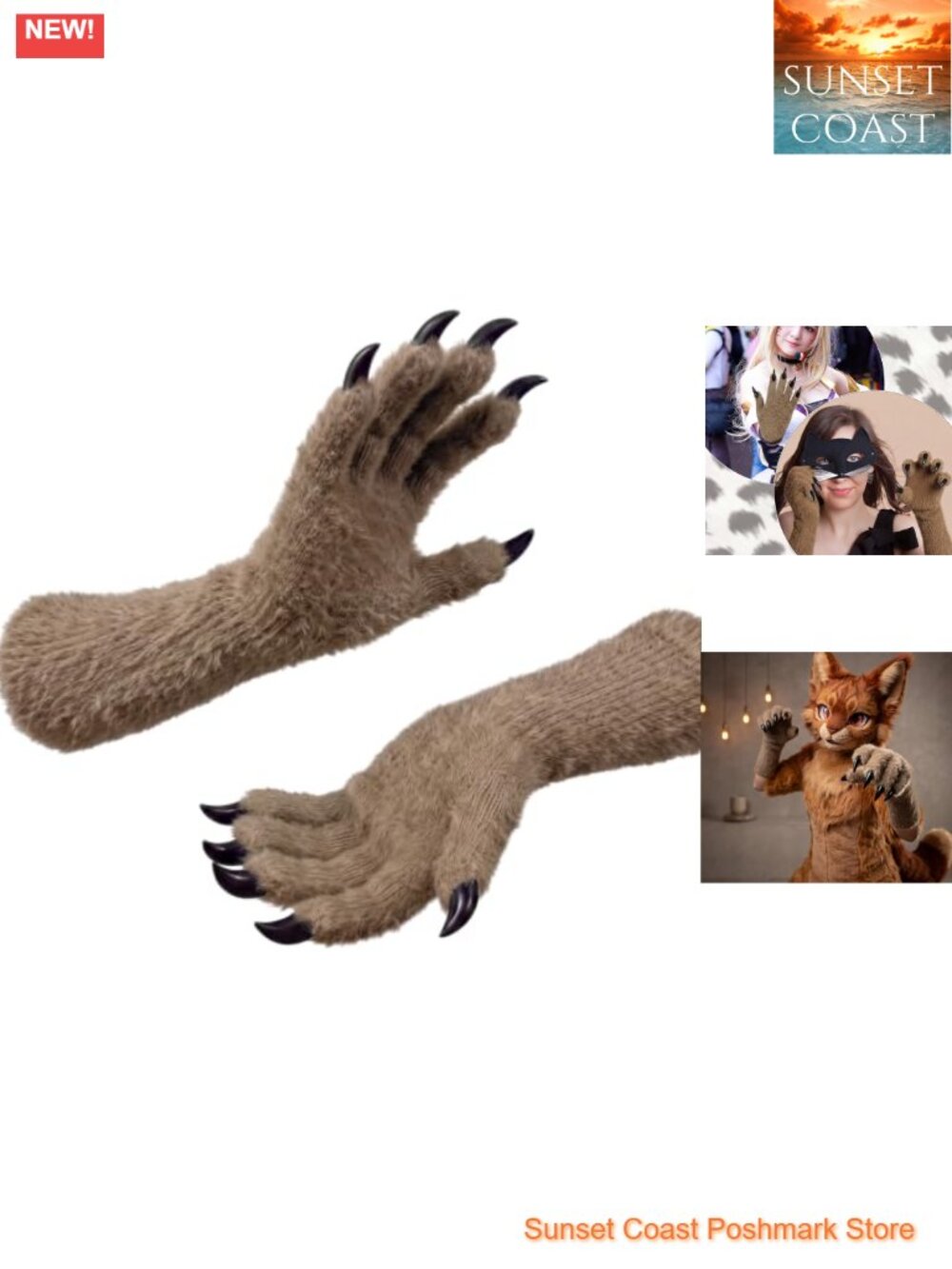 Faux Fur Plush Paw Gloves with Claws Halloween Cosplay Costume Accessory